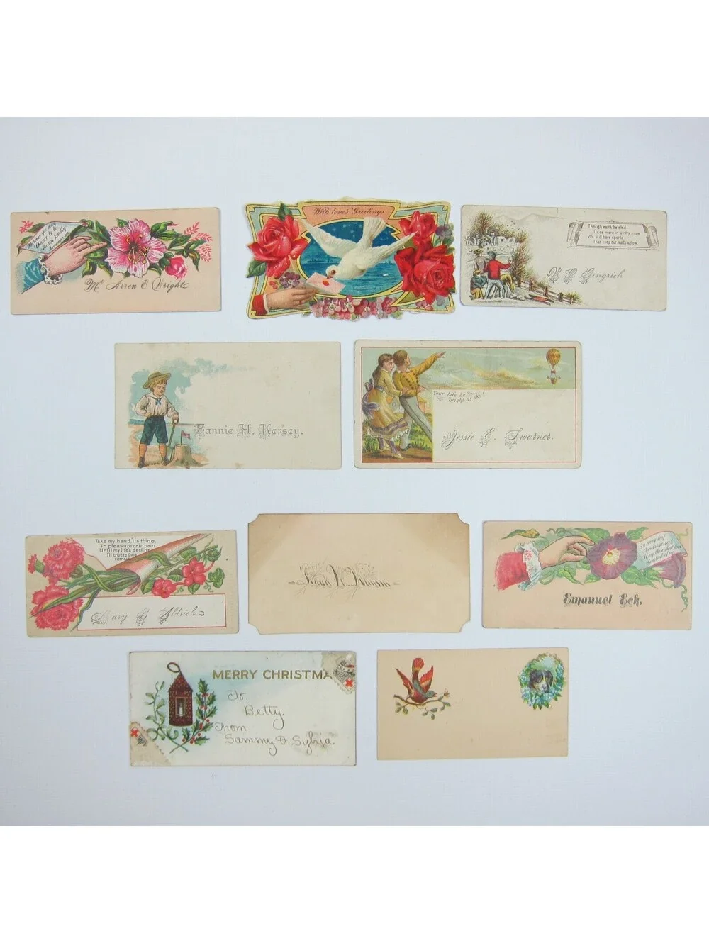 Antique Ephemera Lot 10 Victorian Calling Cards Dove Hot Air Balloon Christmas
